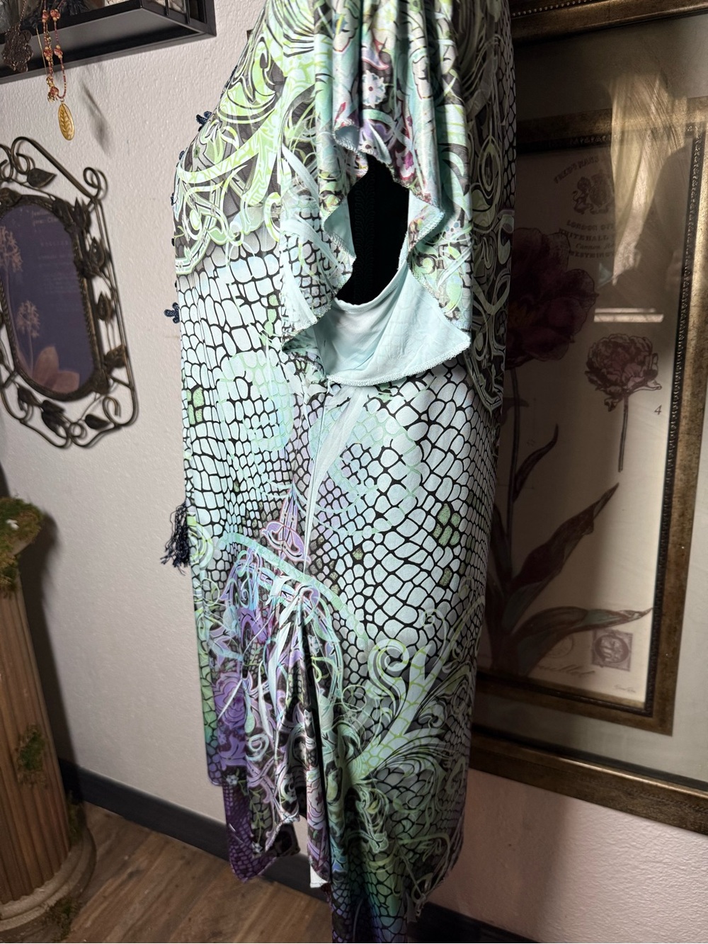World Unity Boho Paisley Snake Print Tunic Top Lace Trim Tassel •Size L• - Picture 13 of 16